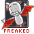 Pixelated cartoon character with gray body, red eyes, and orange wings in a black frame; text "FREAKED" below.