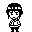 Pixel art character with short hair and glasses in a static pose, with small motion effects appearing on the right side of the frame.