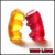 A static pixelated image shows a golden crescent-shaped object and a red curved object on white background with two small red rectangular shapes below.