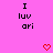 Pixelated pink background with repeated black text "I luv ari" and red heart symbols in a pattern