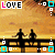 Animated contact sheet showing six frames of a pixel art icon with silhouetted figures on a bridge at sunset, featuring changing colored squares and 'LOVE' text variations.