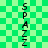 Green checkered background with vertical black text reading "SPAZZ" repeated twice, showing animation where the right side's text and background pixels shift horizontally.