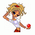 Pixelated cartoon girl with blonde hair and red hair accessory, wearing white top and red shoes, standing next to pink heart with 'My Party Girl' text.