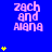 Blue background with pink text 'zach and aiana' repeated in , yellow stars animating vertically on left and right sides
