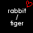 Black background with white pixelated text 'rabbit' above a diagonal slash and 'tiger' below, with a red pixelated heart symbol above the left 'rabbit' text.
