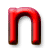 A red 3D-rendered lowercase letter 'n' with a dark brown gradient base sits on the left side of a contact sheet, while scattered gray pixelated shapes resembling fragmented letters float to its right against a white background.