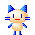 A 4x4 contact sheet of a pixel-art cat character animation with blue and beige colors, showing multiple poses across 16 frames on a gray background.