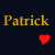 Dark blue background with yellow text "Patrick" repeated three times above two red heart icons and three pixelated portraits below.