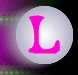A circular icon with a white gradient background features a bright pink capital letter L centered, set against a purple and black backdrop with green pixelated elements.