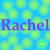 Animated icon with blue background, green circles, and purple text 'Rachel' featuring moving heart symbols.