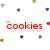 A static image with scattered colored dots, three 'cookies' text variations in red blue and pink, and a black pixelated phrase reading 'guess what i like tomatoes'.