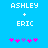 Blue background with white text 'ASHLEY + ERIC' and five pink/purple pixelated symbols below, two versions show symbol animation.