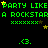 Green pixelated text repeats 'PARTY LIKE A ROCKSTARA' with yellow stars and '.<3.' symbols on black background, animated by star movement.