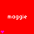 Red background with repeated white text 'maggie' and varying numbers of pink heart icons