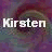 A 48x48 pixel animated buddy icon featuring the name "Kirsten" in white text over a swirling multicolored background with visible dithering and pixelation.