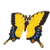 Animated butterfly icon with yellow, brown, and blue wings in six showing wing position changes