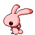 A 4x3 contact sheet of a pink pixel-art bunny animation with varying expressions and poses across ten frames, each frame showing the same character against a gray background.