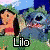 A 2x2 contact sheet of four animated frames from a Lilo and Stitch-themed buddy icon showing character poses, text labels, and background elements in pixelated cartoon style.