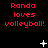Red text 'Randa loves volleyball!' repeated across a black background with white star-like symbols scattered throughout.