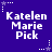 Pixelated text 'Katelen Marie Pick' on a solid blue background with white and purple star accents.