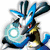 Two pixelated cartoon characters side-by-side: a blue-and-white creature with glowing eyes and a swirling light effect, and a yellow creature with red cheeks and a raised tail.