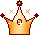 Pixelated golden crown with dark brown accents, featuring a central gem and four side spikes, surrounded by small star-like sparkles on gray background.