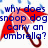 Red umbrella with brown handle, blue raindrops, and blue text reading 'why does snoop dog carry an umbrella?' on left side, with text removed on right side.