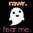 Pixelated white ghost with black eyes and mouth on black background, topped with brown text and bottom with purple text.