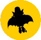 Two circular icons display a black bat silhouette against yellow and dark red backgrounds, with visible pixelation on the edges.