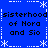 Blue background with white pixelated borders and text repeating 'sisterhood of Nora and Sio' in four quadrants.