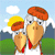 Two cartoon birds with orange berets and red collars stand against a blue sky with clouds and green hills, one bird's head moves closer to the other.