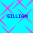 Blue background with pink geometric patterns and four instances of the text 'GILLIAN' in blue pixelated font.