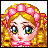 Pixel art contact sheet showing a pink-dressed doll character with blonde curls across multiple frames including full-body, close-up, and text display.