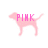 Pixelated pink dog silhouette with 'PINK' text overlaid in bold magenta letters, standing against a white background.