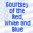 Blue pixelated text reading "Coursey of the Red, White and Blue" on a light blue and white striped background with scattered white dots.