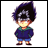 Pixelated character with spiky dark blue hair, yellow eyes, and a blue hoodie over green shirt and blue shorts, standing against white background.