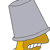 Pixelated character with gray bucket on head and yellow body showing teeth in a wide grin.