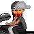 Pixel art image of a character with red hair and gray cap riding a motorcycle, next to a sun graphic with road text.