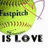 A pixelated image with a green baseball and text reading "Fastpitch IS LOVE" on the left, and yellow text on red background saying "My Love #1 Shortstop player".