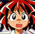 Pixelated cartoon character with red and black hair, large eyes, and an open mouth, set against a dark background with white and red accents.