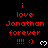 Red text on black background reads 'i love Jonathan forever !!!! :)' with white heart symbols, arranged in a pattern