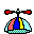 Pixelated icon with red propeller blades, blue and yellow center, pink and light blue curved sections, and teal base; animation cycles through four states.