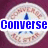 Circular Converse All Star logo with blue star center, text ring, and blue text overlay on maroon background.