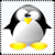 Pixelated penguin icon with white body, black wings, yellow beak, and yellow feet, set against a white background with a black-and-white checkered border.