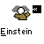 Pixelated icon of a figure with gray hair holding a black square with white cross-like symbols, below which is the text 'Einstein' in blocky font.