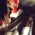 Pixelated static image of a figure in dark clothing holding a red and white object against a dark background.