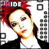A 4-frame animated contact sheet showing a person with red spiky hair and dark eye makeup in four slightly different poses against a black-and-white grid background, with the word "HIDE" displayed at the top of each frame.