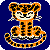 Pixelated orange and black tiger with white facial markings sits against solid blue background, tail curled around body, ears upright, eyes closed, mouth open in neutral expression.