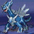 Pixelated blue and white creature with wing-like appendages, orange mouth, and multiple limbs in dynamic pose against purple background.