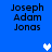 Blue background with black text reading "Joseph Adam Jonas" in four quadrants and three white pixelated hearts in different positions.